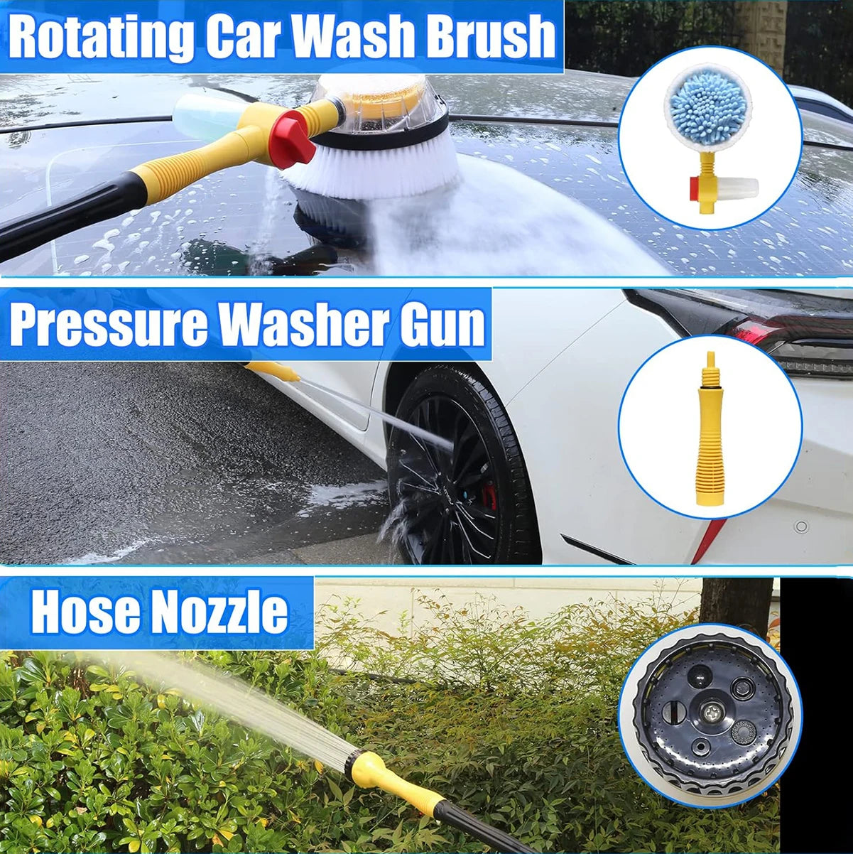 Auto Rotating Car Wash Brush Kit - 360° Spin Long Handle Pressure Washer Mop